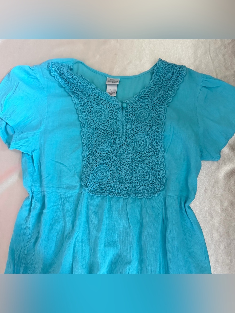 Butterfly Women Bright Blue Crochet Trimmed Cotton Short Sleeve Blouse Sz.M Y2k - Picture 5 of 9